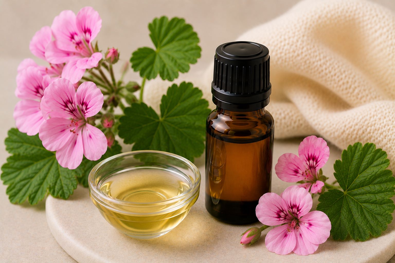 luomu ruusugeranium eteerinen öljy pullo ja käyttö kosmetiikassa